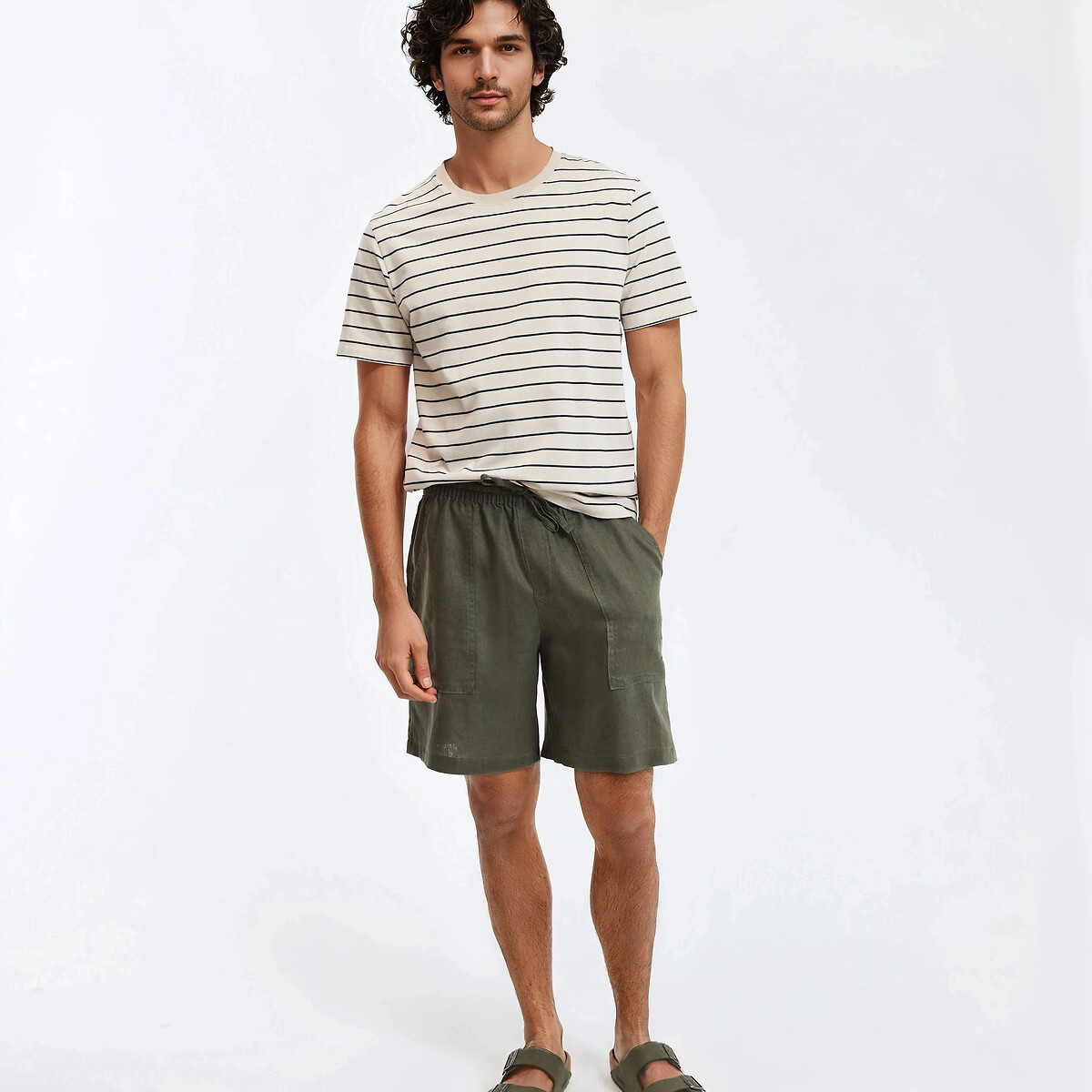 Gestreept T-shirt met ronde hals en korte mouwen beige/blauwe strepen, LA REDOUTE COLLECTIONS