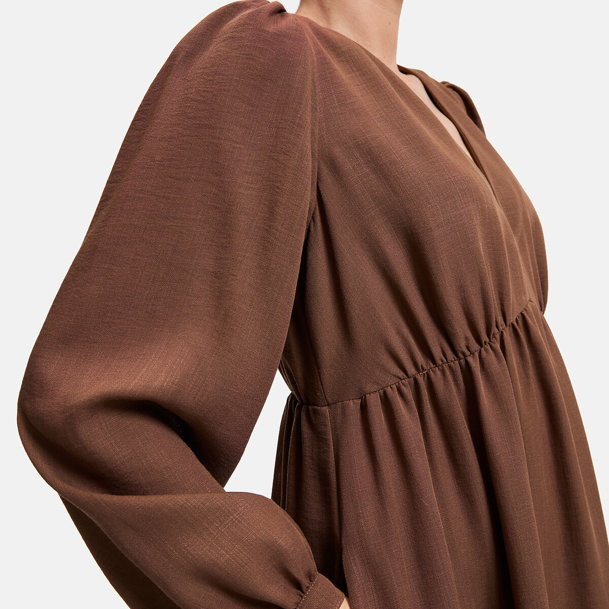 Vestido comprido com decote em V e mangas compridas castanho, LA REDOUTE COLLECTIONS