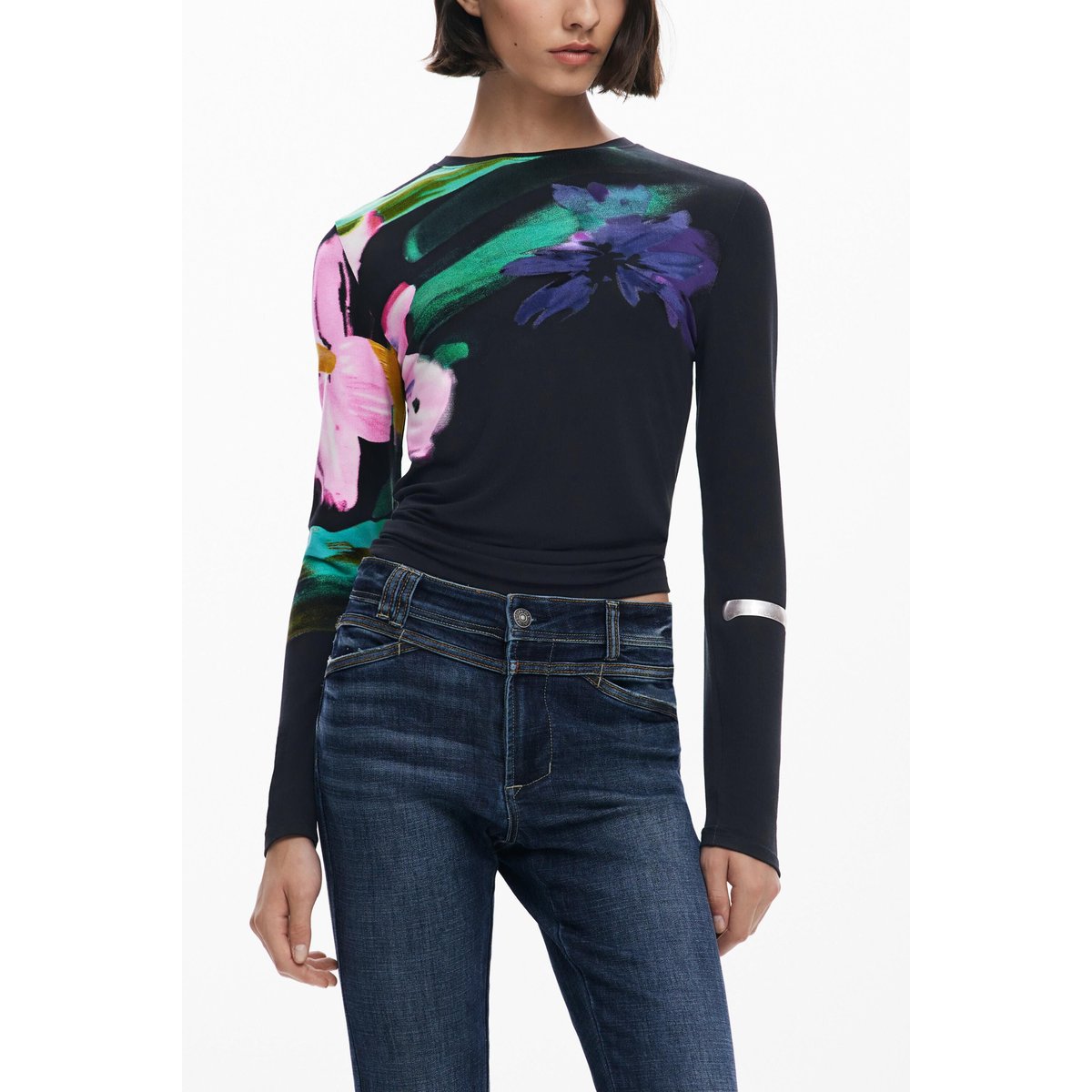 T-shirt à manches longues à fleurs noir, DESIGUAL