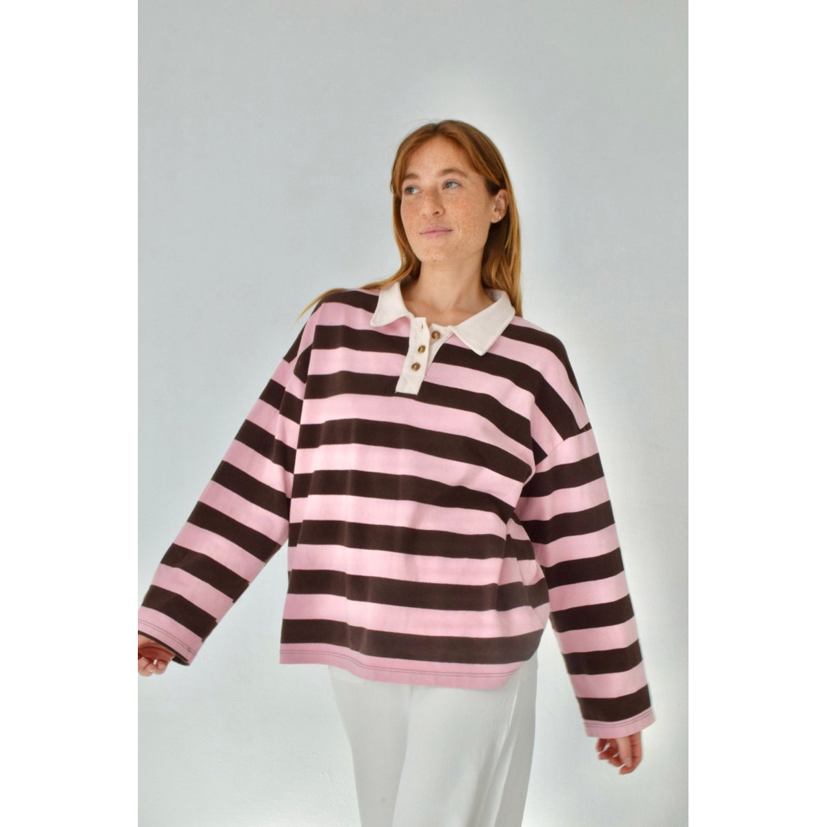 Polo rayé manches longues FILIPA marron / rose, MINDTRAVELER