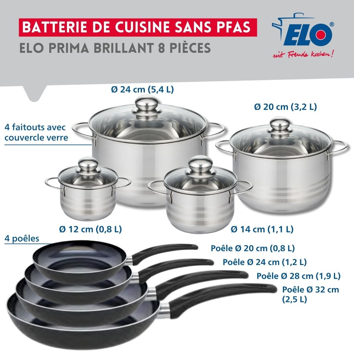 4 poêles 20/24/28/32cm + 4 faitouts 12/14/20/24cm PRIMA BRILLANT noir, ELO