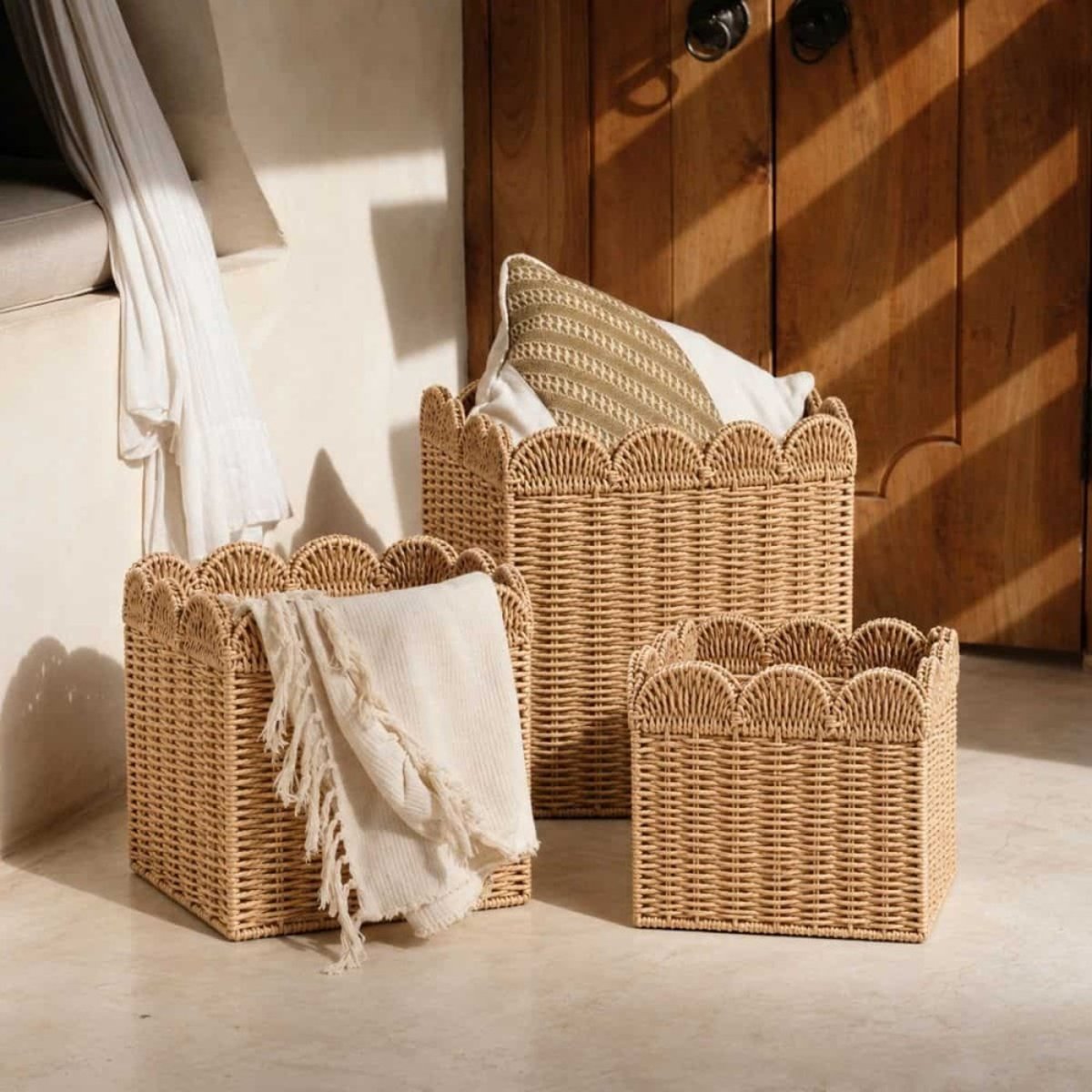 Set de 3 paniers carrés en corde de papier festonné naturel, ORNAMI