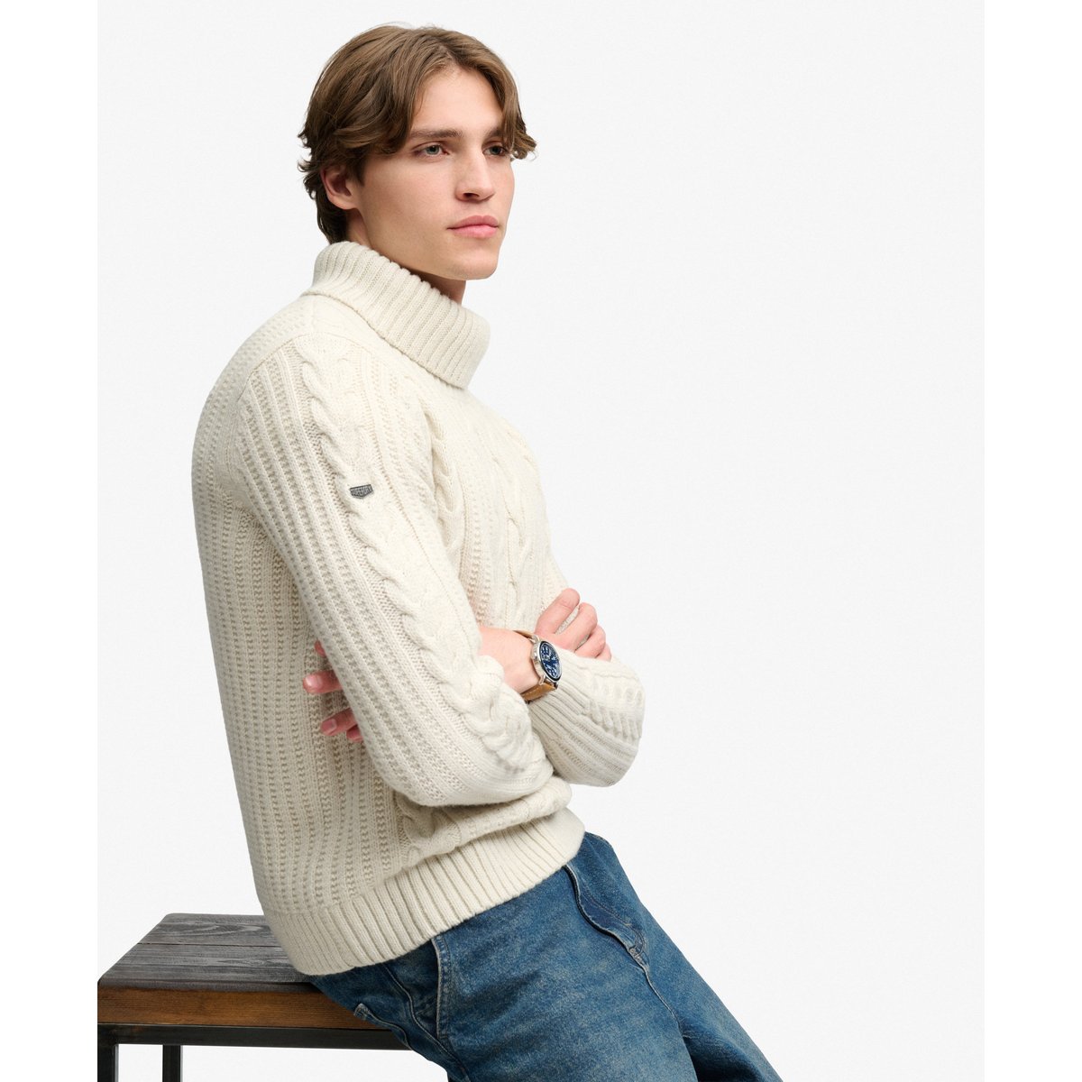 Pull à col roulé Jacob en maille torsadée écru, SUPERDRY