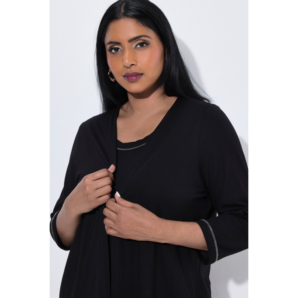 T-shirt 2-en-1décolleté rond et manches 3/4 noir, ULLA POPKEN