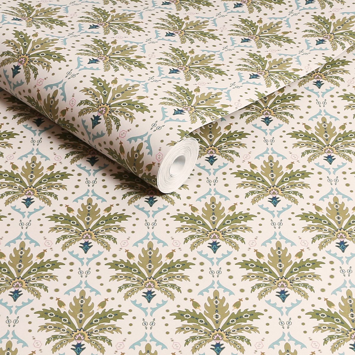 Papier peint Petits palmiers vert, crème, ocre, JOULES