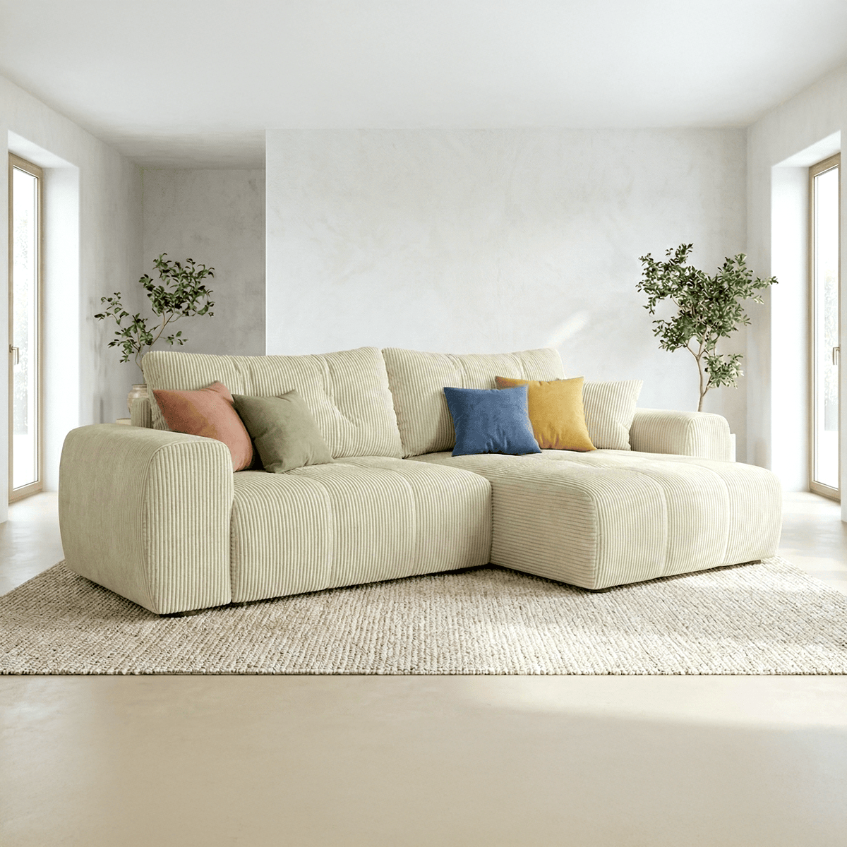 Canapé d'angle réversible convertible 4 places en velours côtelé - ALBA beige, HOMIFAB