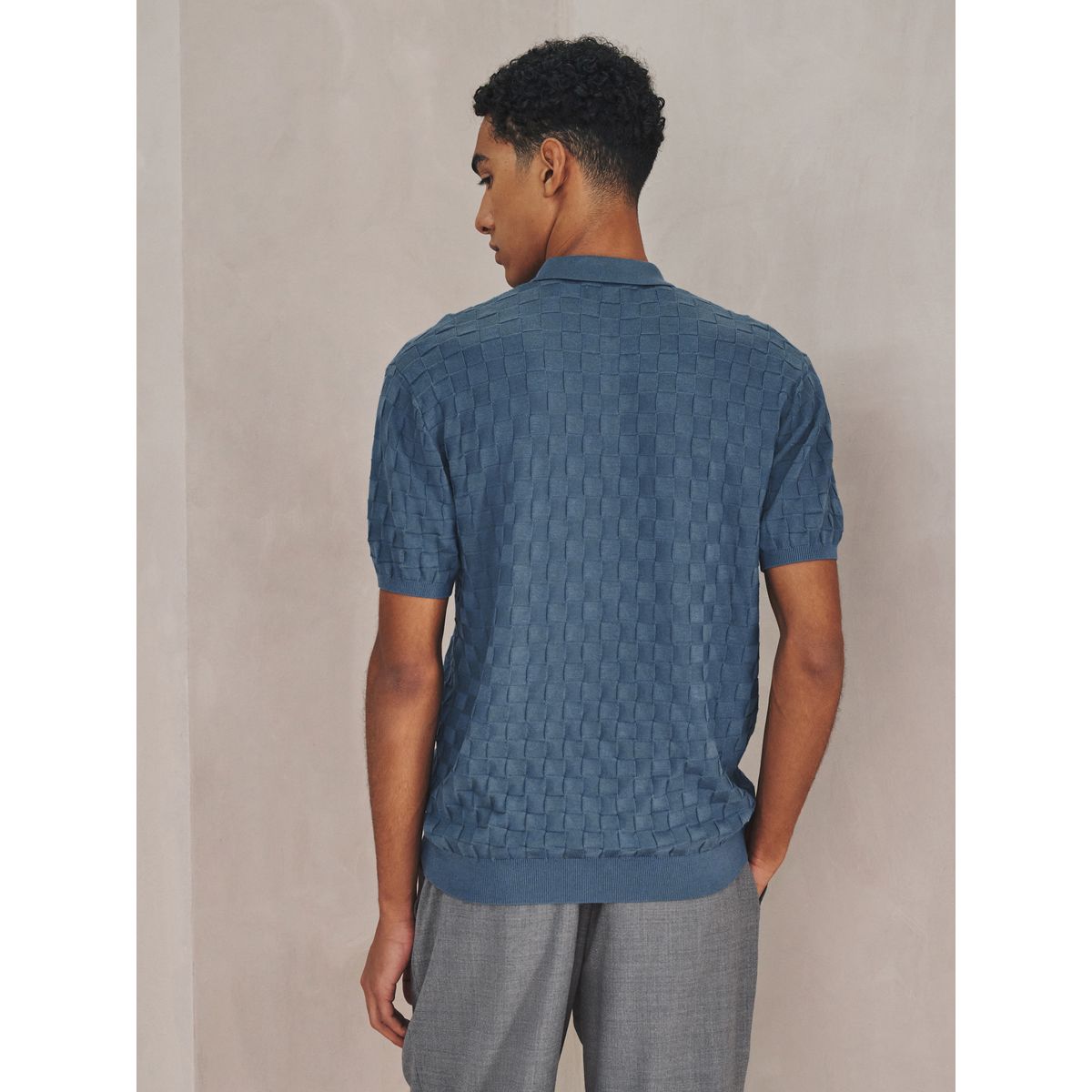 Polo regular zippé manches courtes à damier bleu jean, NEXT