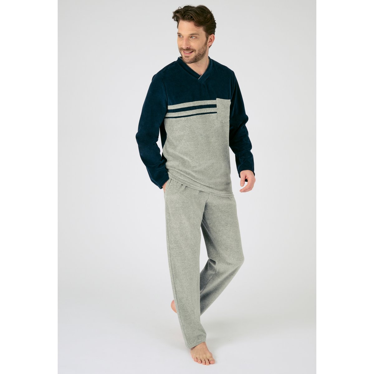 Pyjama velours coton mélangé gris chiné, DAMART