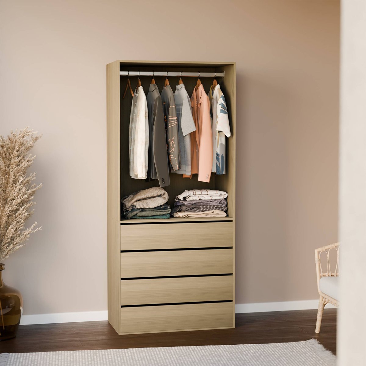 Module dressing décor bois 4 tiroirs 1 penderie NEPAL naturel, SWEEEK