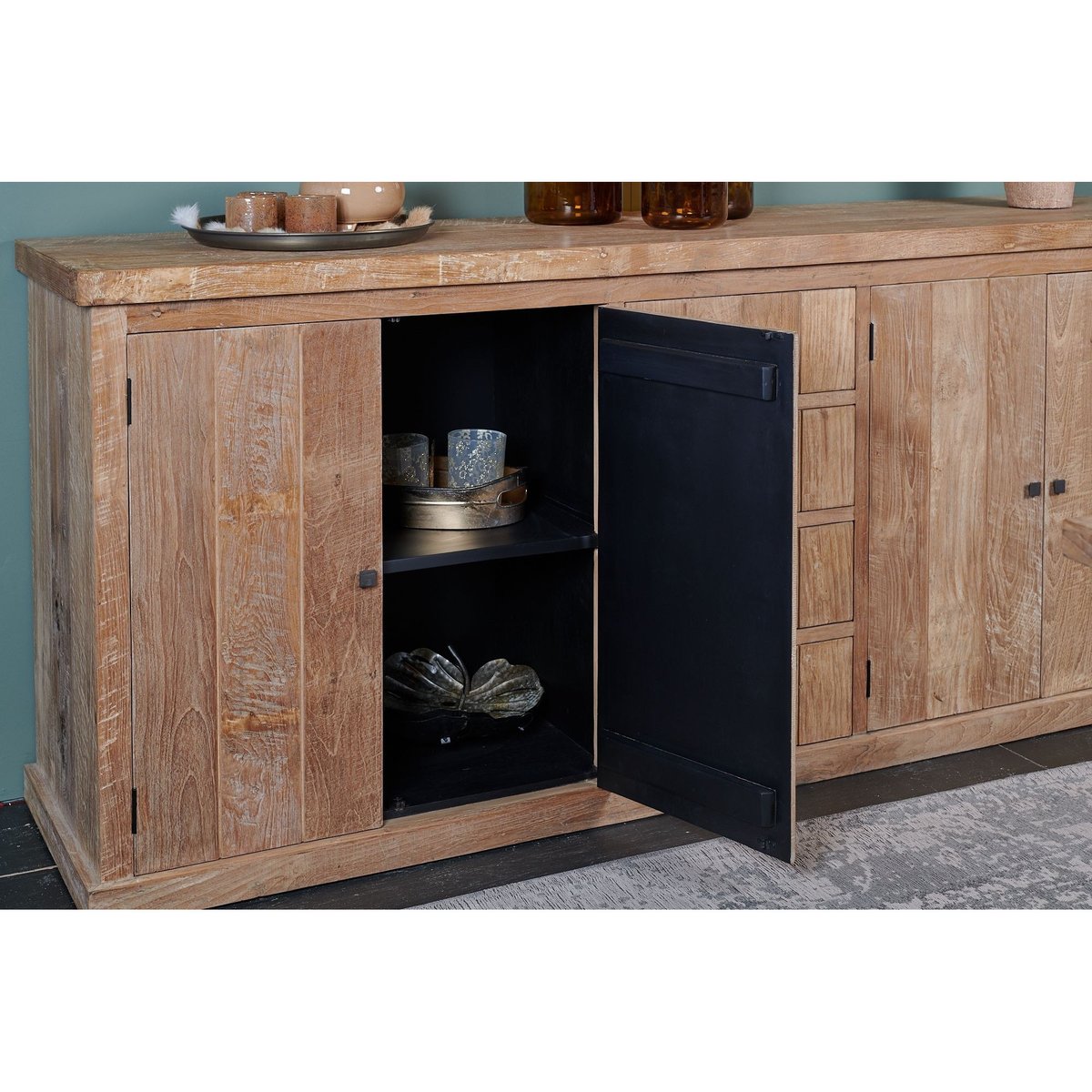 Buffet bas en bois massif recyclé 4 portes 4 tiroirs L 220 cm - LINAS bois clair, HELLIN, DEPUIS 1862