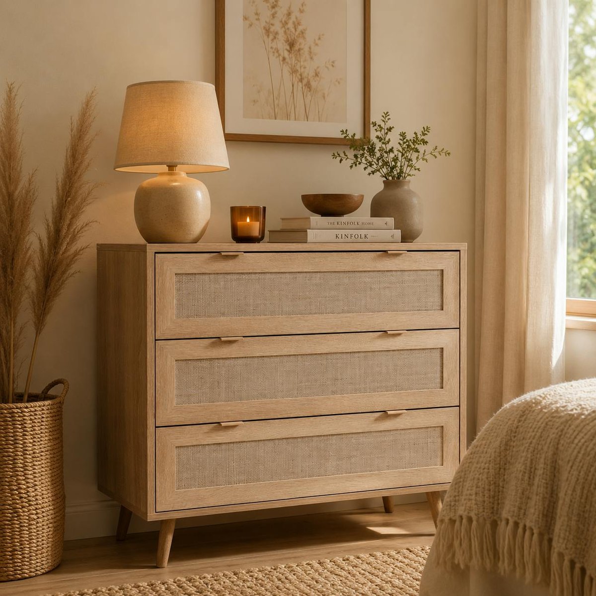 Commode bohème 3 tiroirs effet rotin SONA bois naturel, PIER IMPORT