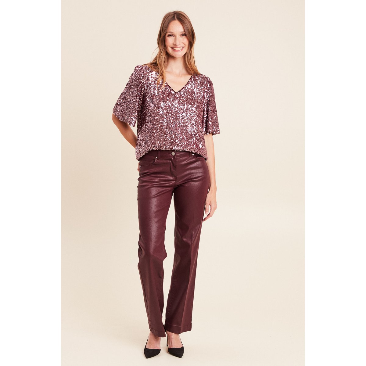 Blouse à sequins manches coudes doublée bordeaux, BREAL