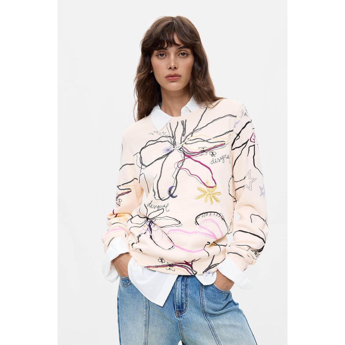Sweat-shirt à imprimé floral blanc, DESIGUAL