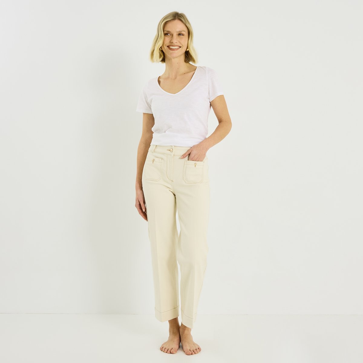 Jean flare raccourci NAPOLI RF02 blanc cassé ecru, GRAIN DE MALICE