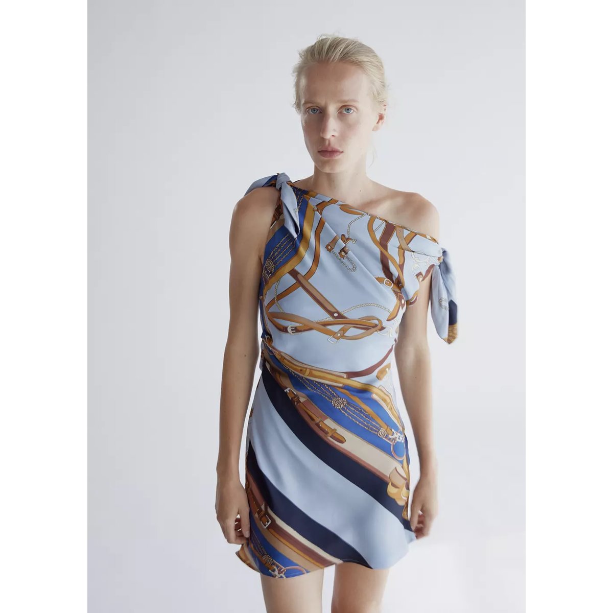 Robe asymétrique imprimée bleu ciel, MANGO