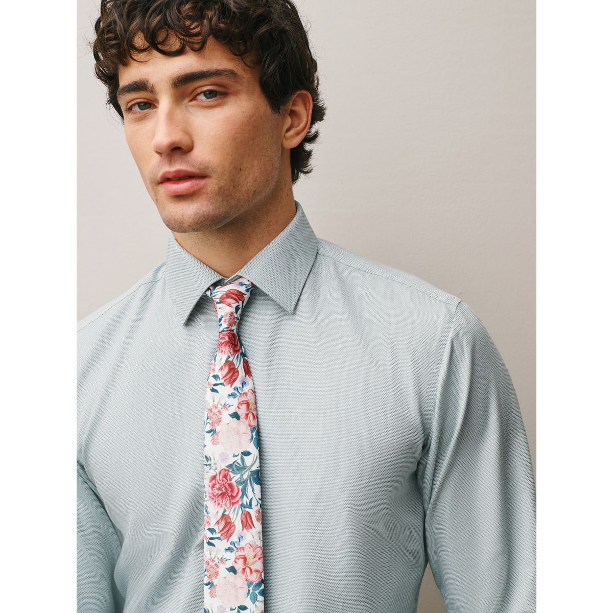 Chemise coton, cravate et pochette vert d'eau/rose floral, NEXT
