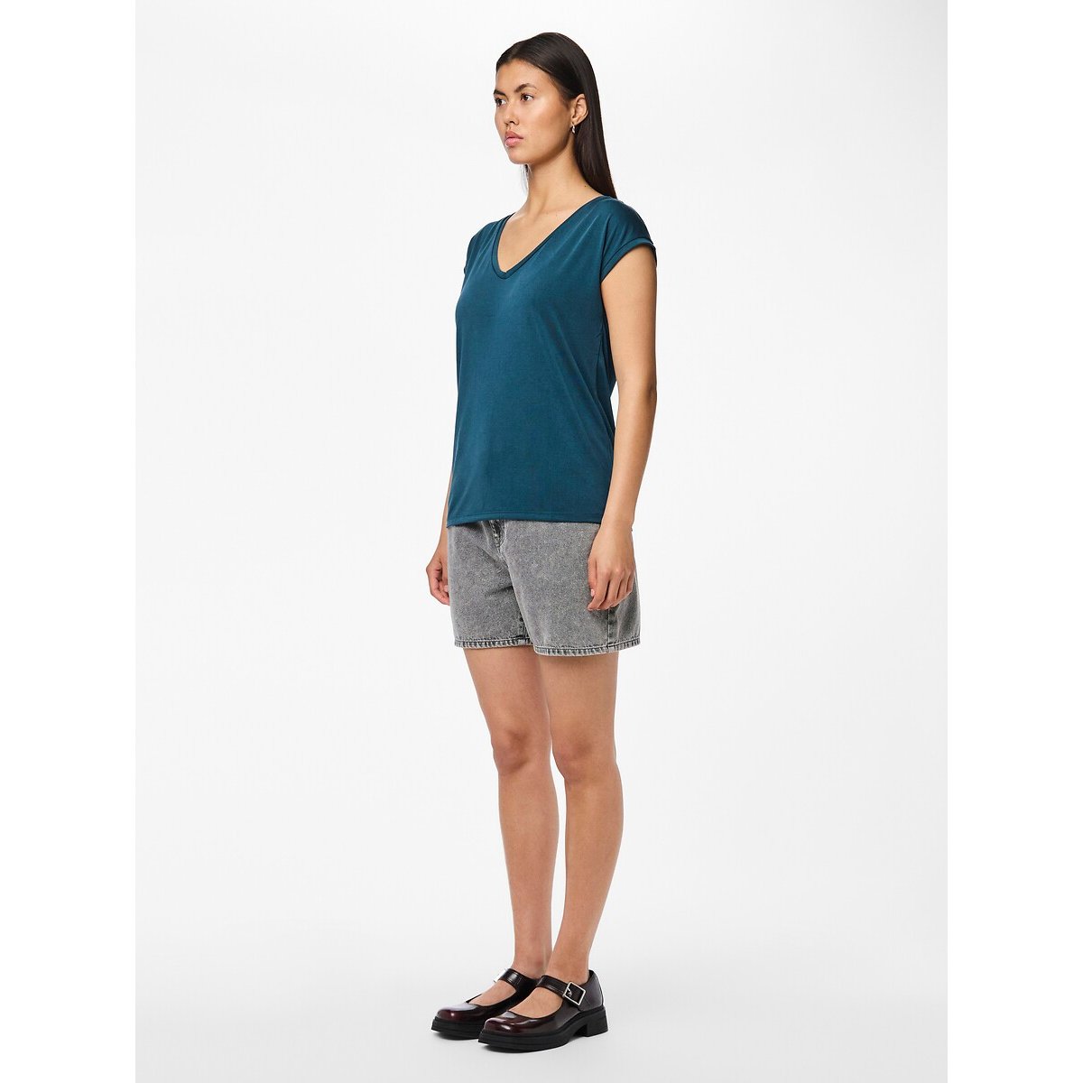 T-shirt, scollo a V blu pavone, PIECES