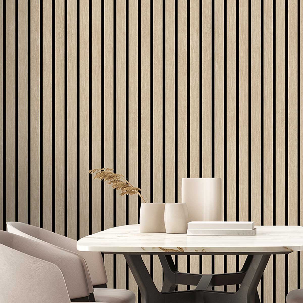 Papier peint bois clair et lignes grises modernes marron, HEXOA