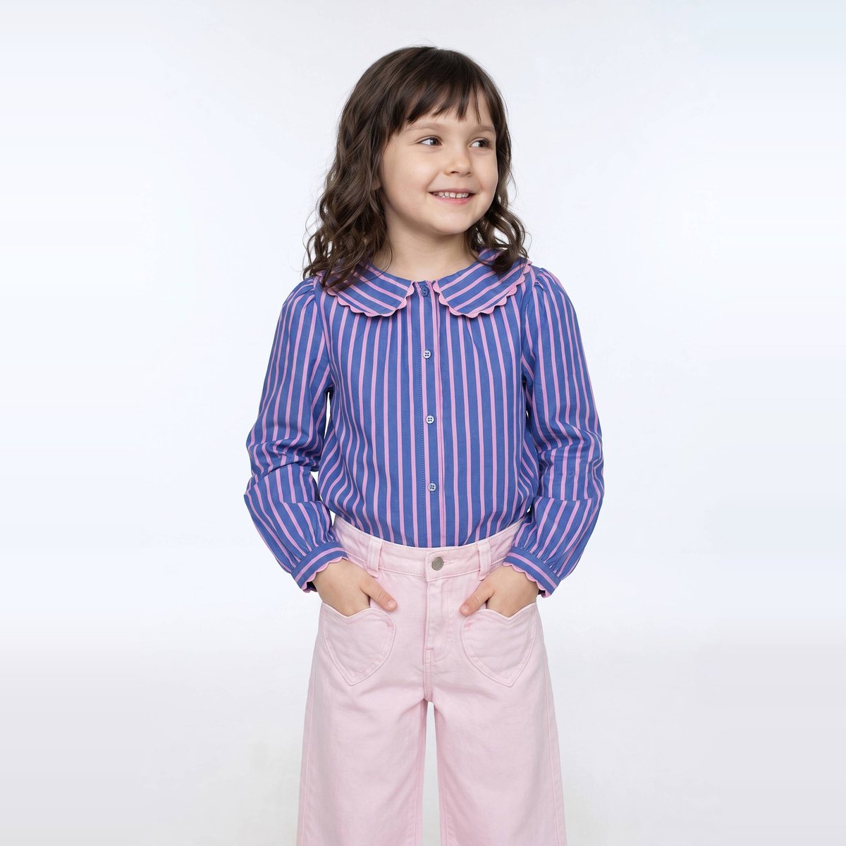 Blouse rayée col claudine porcelaine, MONOPRIX