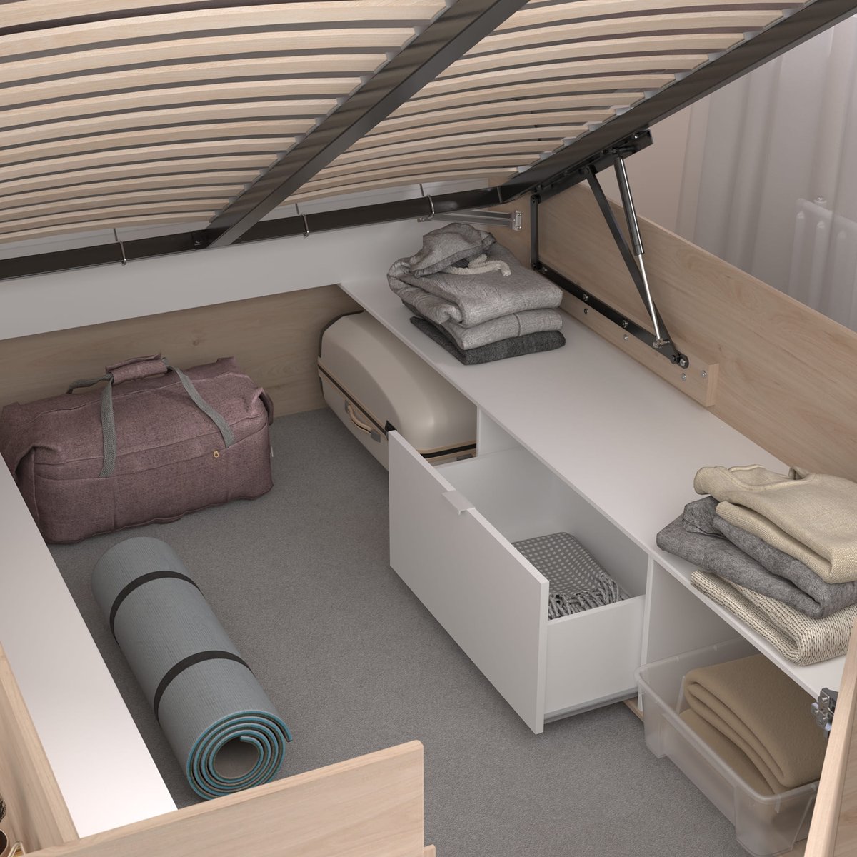 Lit coffre avec multiples rangements blanc, TERRE DE NUIT