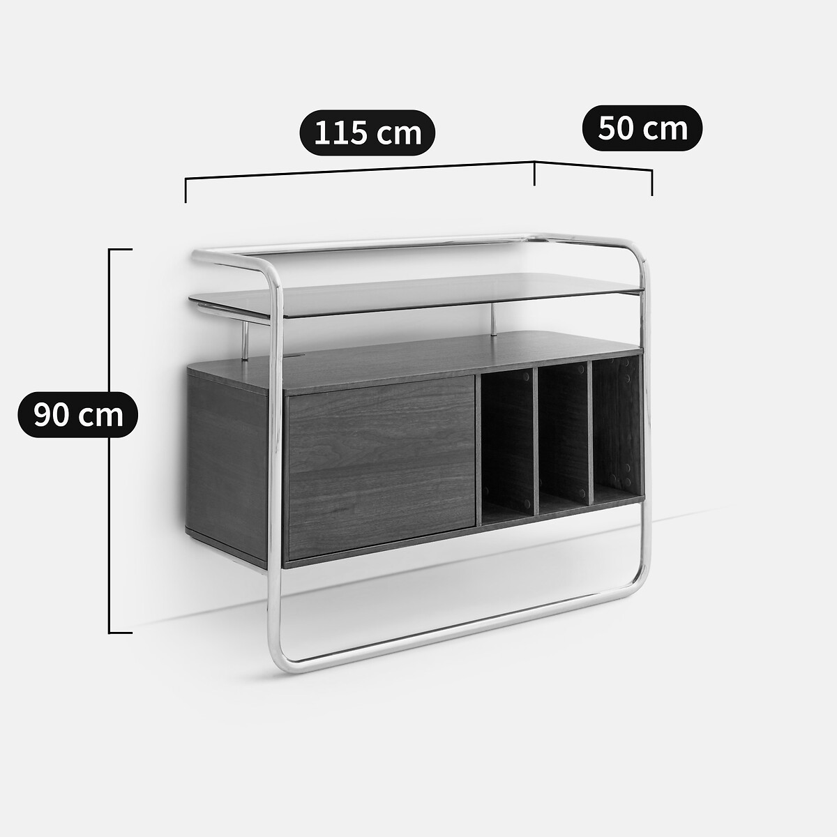 Mueble para vinilos, estructura de 1 puerta, acero cromado y MDF chapado en nogal, GIORGIO color nogal/cromo, LA REDOUTE INTERIEURS