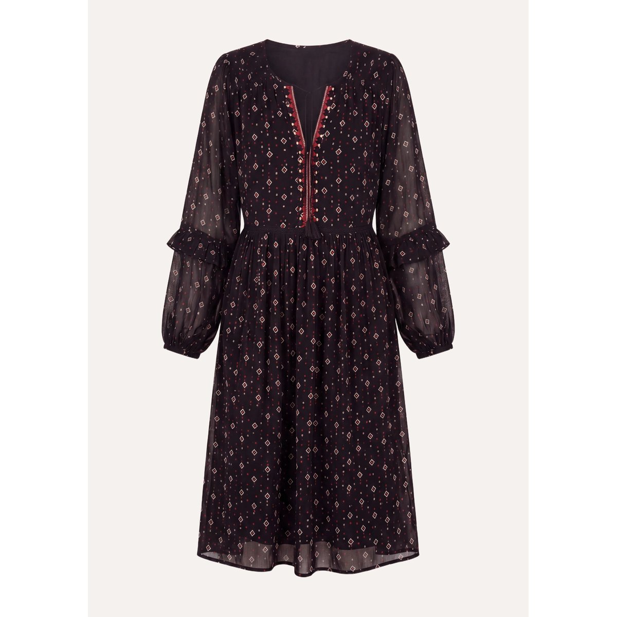 Robe midi en voile imprimé manches longues noir, LA FEE MARABOUTEE