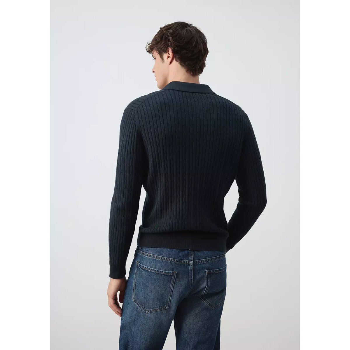 Pull polo mélange coton lyocell maille torsadée bleu marine, MANGO MAN