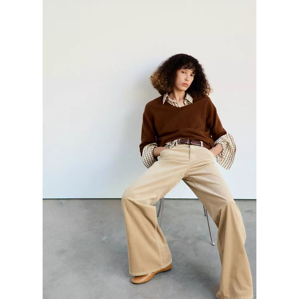 Pantalon en velours côtelé wide-leg sable, MANGO