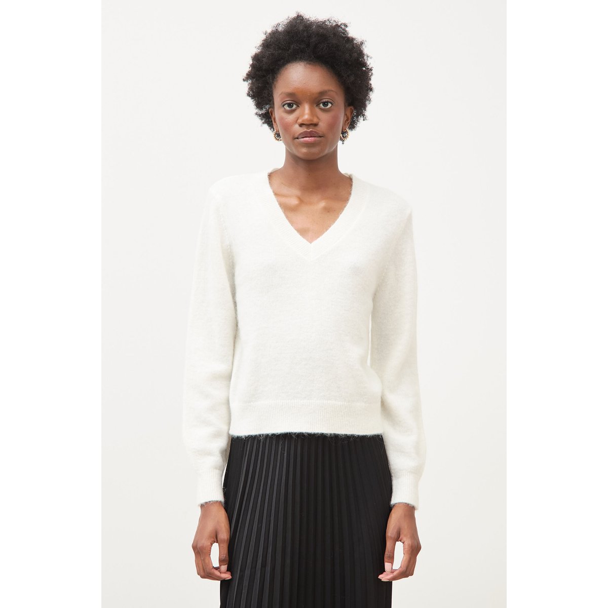 Pull droit col v manches longues ecru, BONOBO