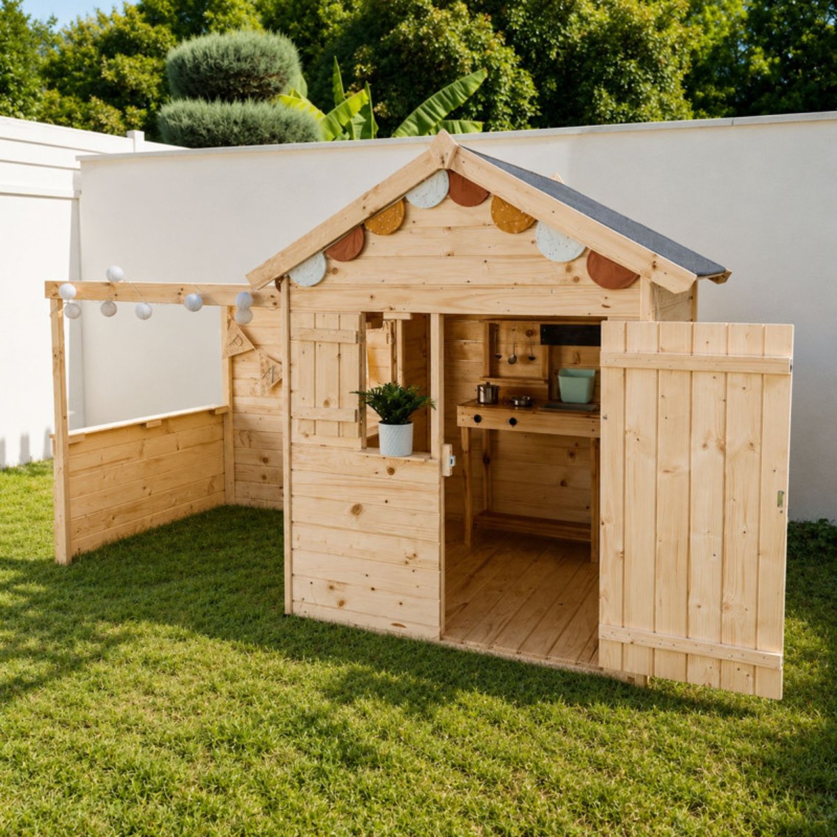 Cabane en bois enfant avec pergola et plancher ALPAGA beige, SOULET