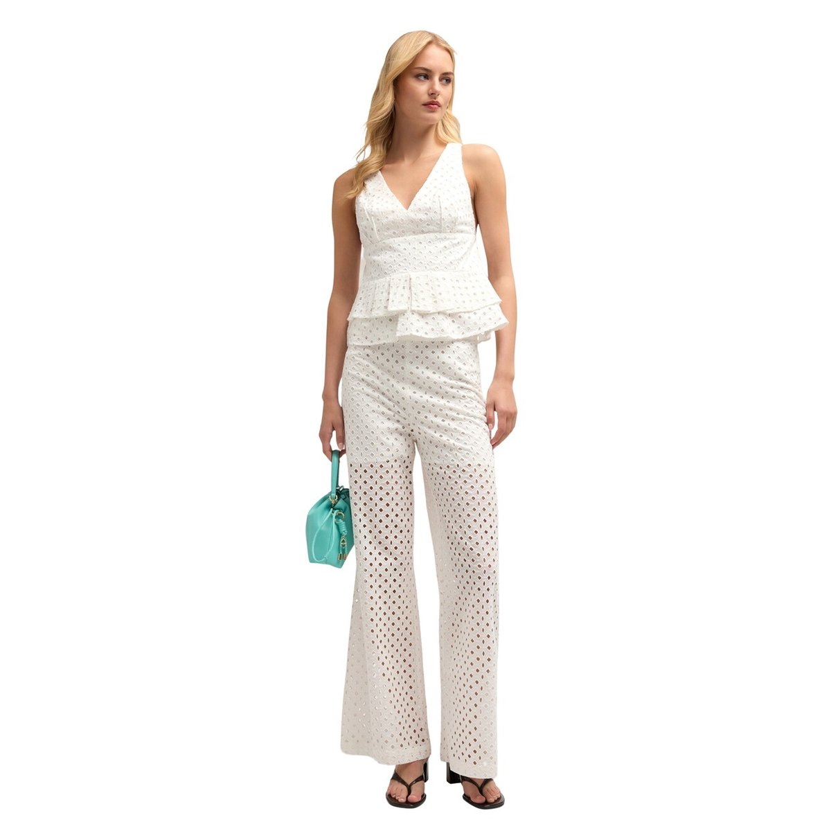 Pantalon large en broderie anglaise blanc, MOTIVI