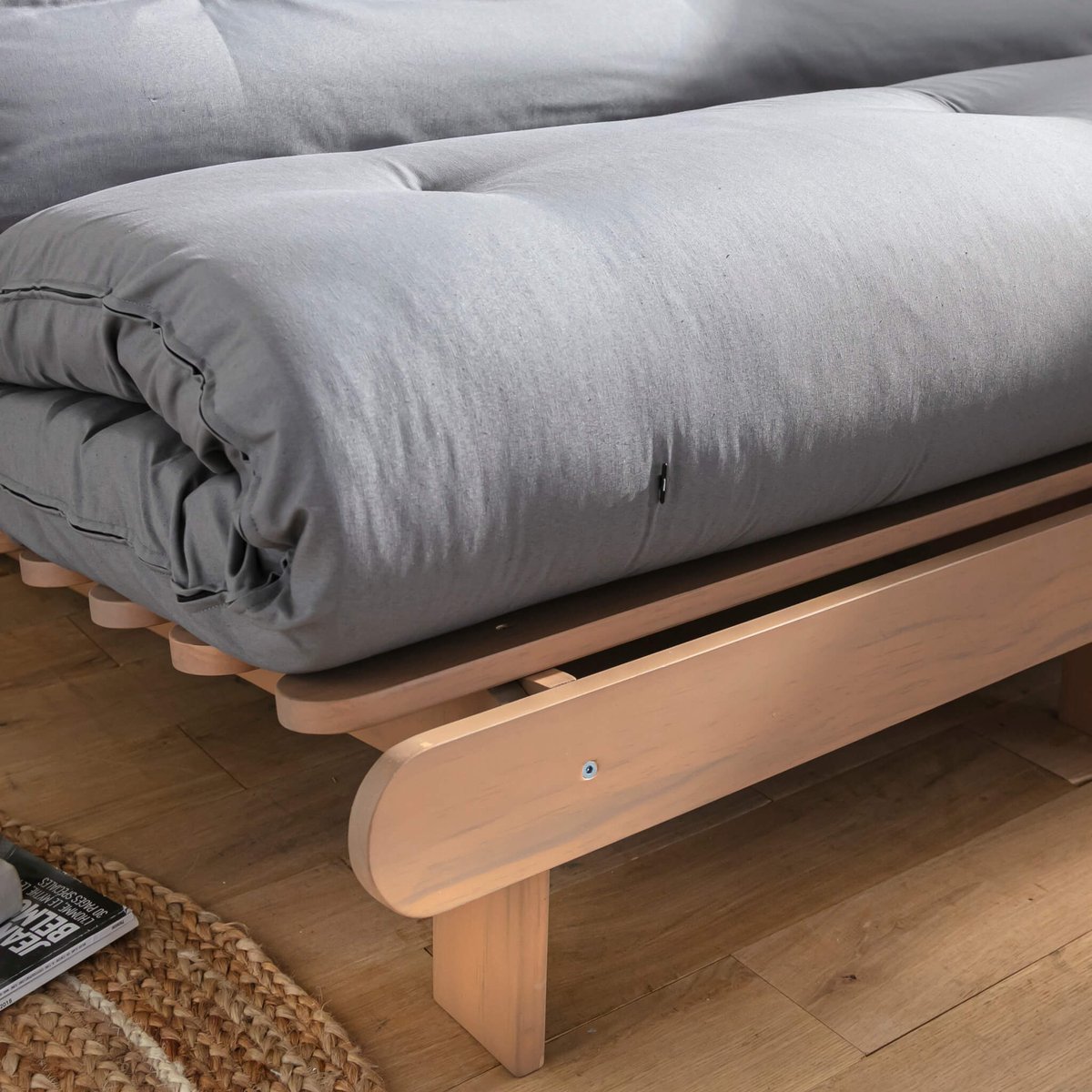 Futon coton + mousse mémoire anti-taches gris, TERRE DE NUIT