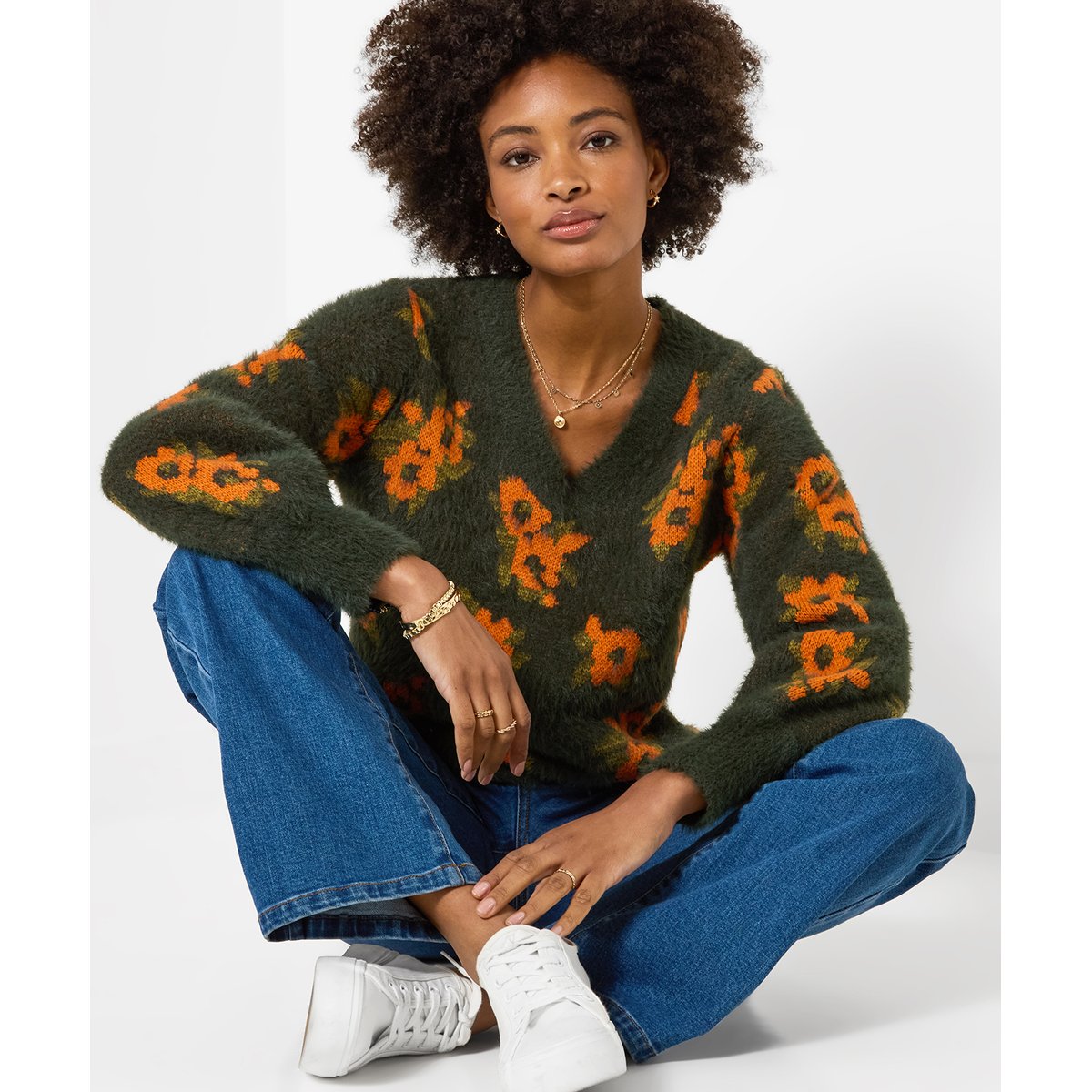 Pull Duveteux Col V Fleurs d'Automne vert, JOE BROWNS