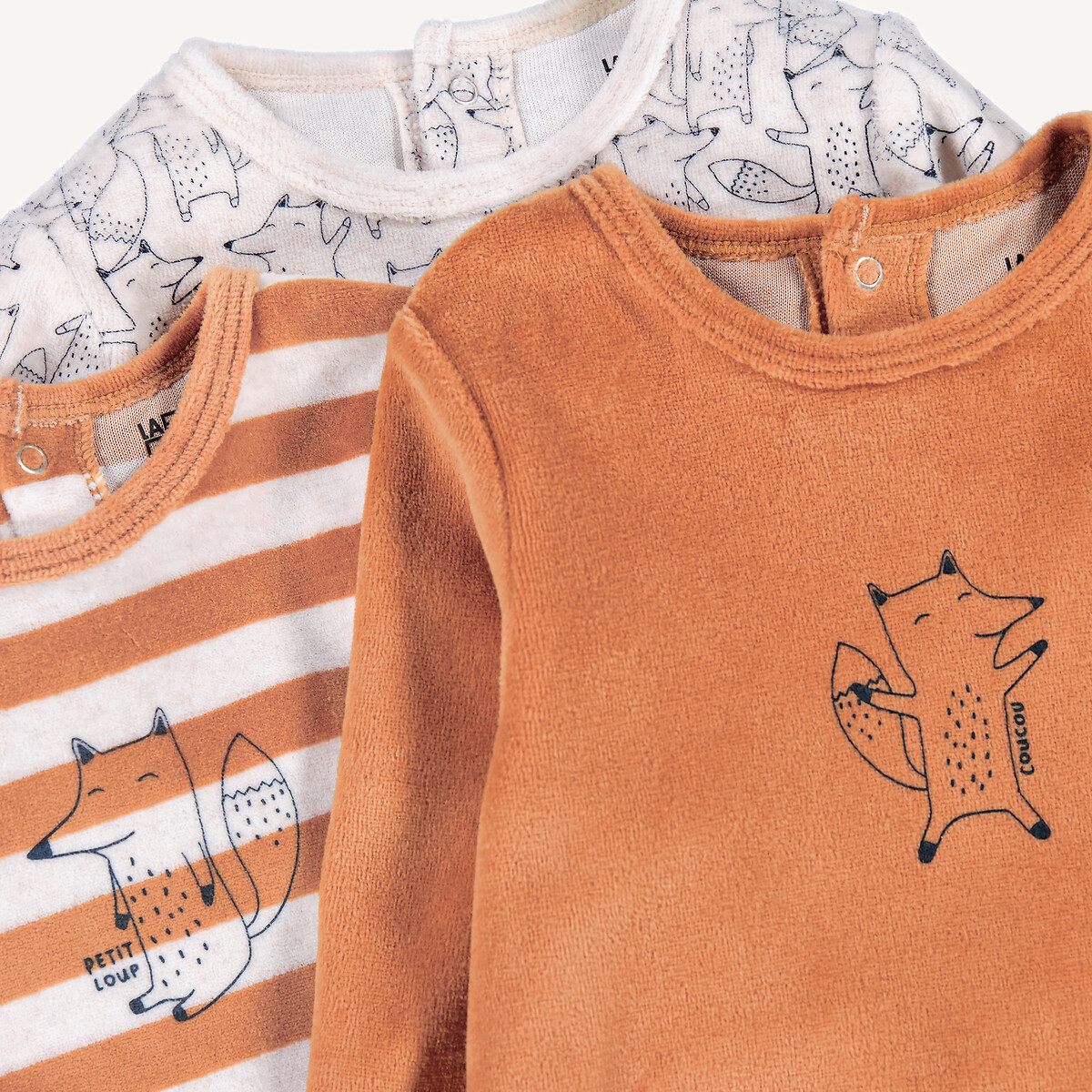 Lot de 3 pyjamas 1 pièce en velours, motif renard assortis, LA REDOUTE COLLECTIONS