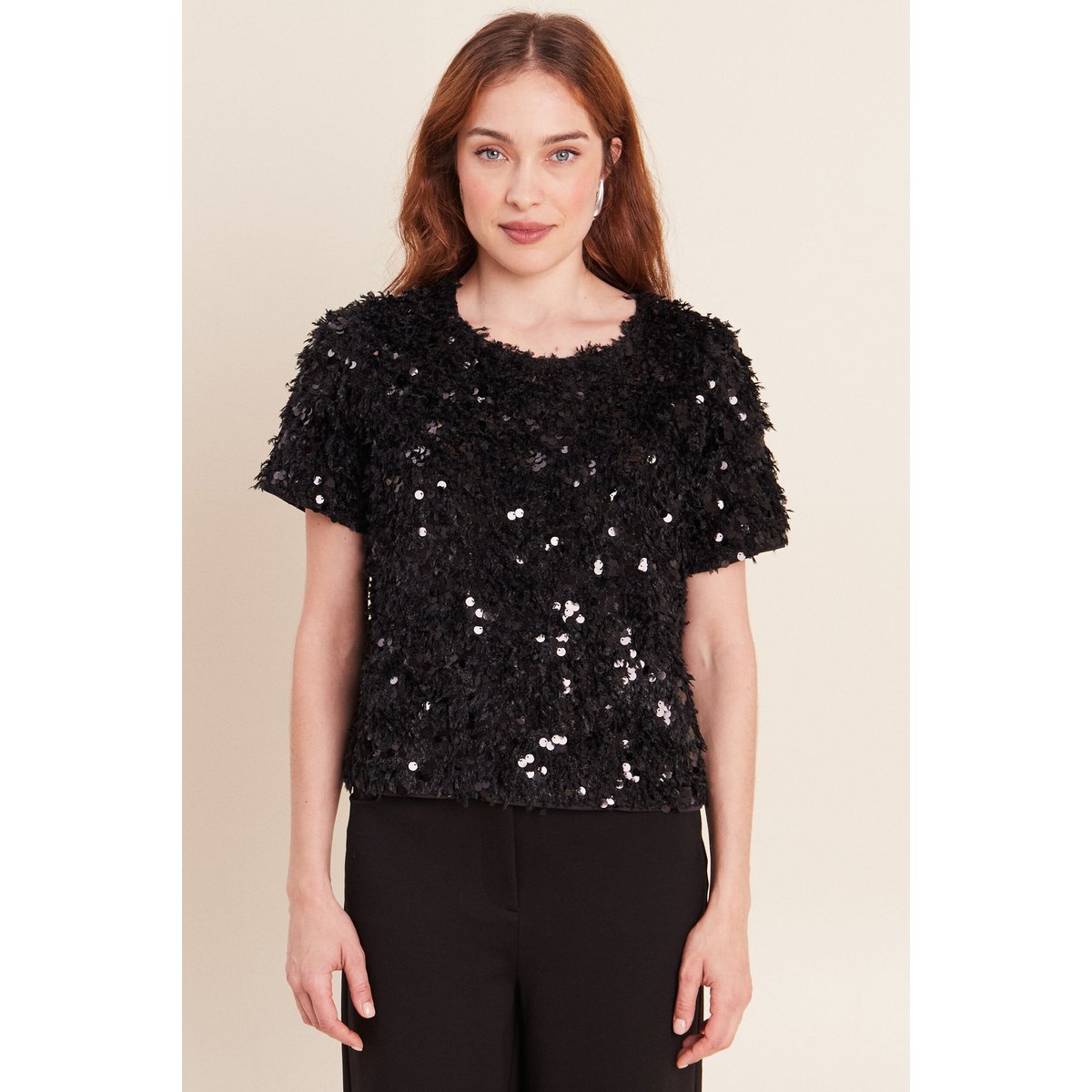 T-shirt à sequins manches courtes noir, BREAL