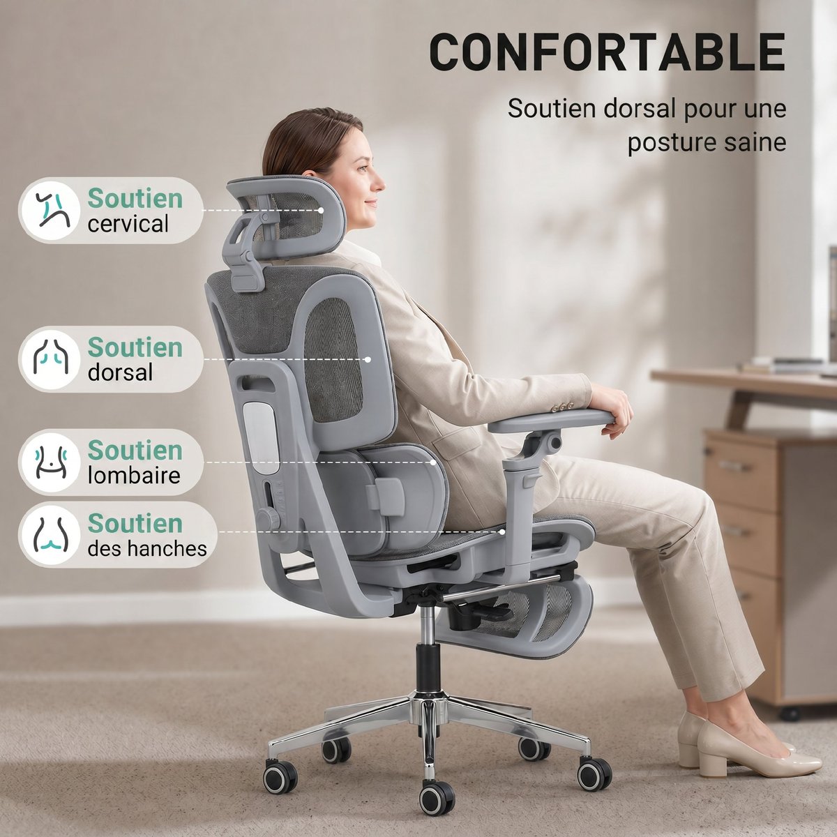 Chaise de bureau Maille (100% polyester) Gris gris, HOMCOM
