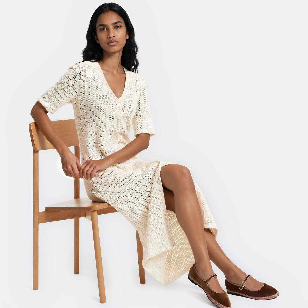 Robe longue manches courtes en maille pointelle ecru, LA REDOUTE COLLECTIONS