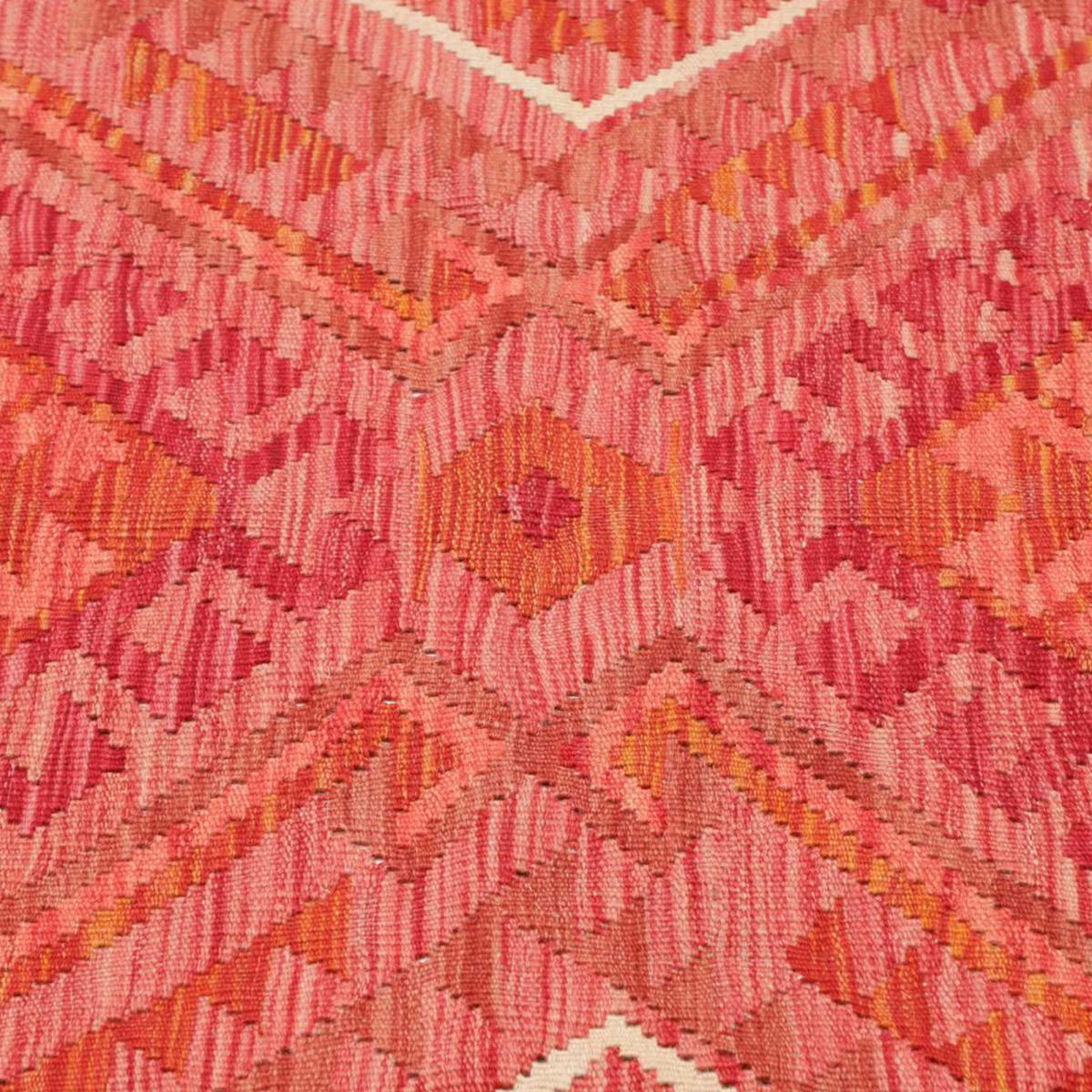 Tapis kilim géométrique, tissé plat en laine, KILIM 77 rouge, beige, orange, UN AMOUR DE TAPIS