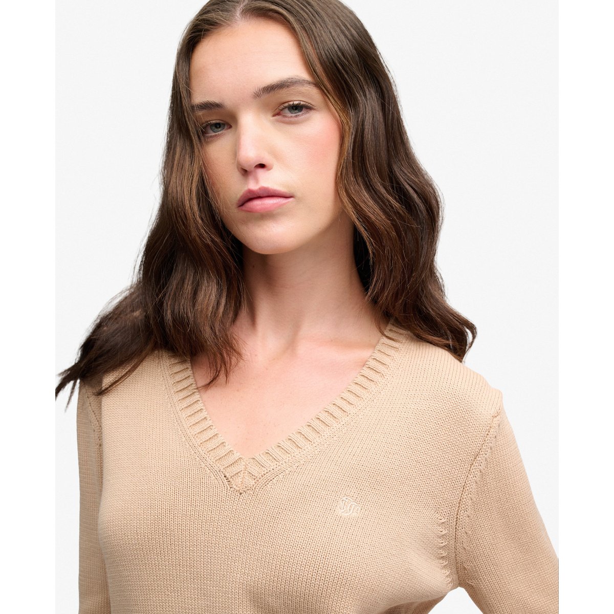 Pull Col V Délavé taupe clair, SUPERDRY