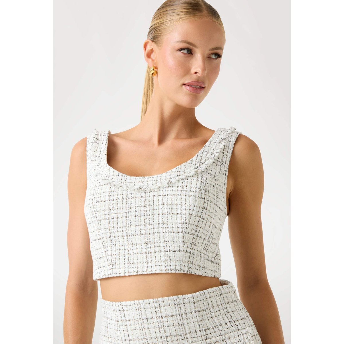Crop Top Sans Manches Tweed blanc multi, GUESS