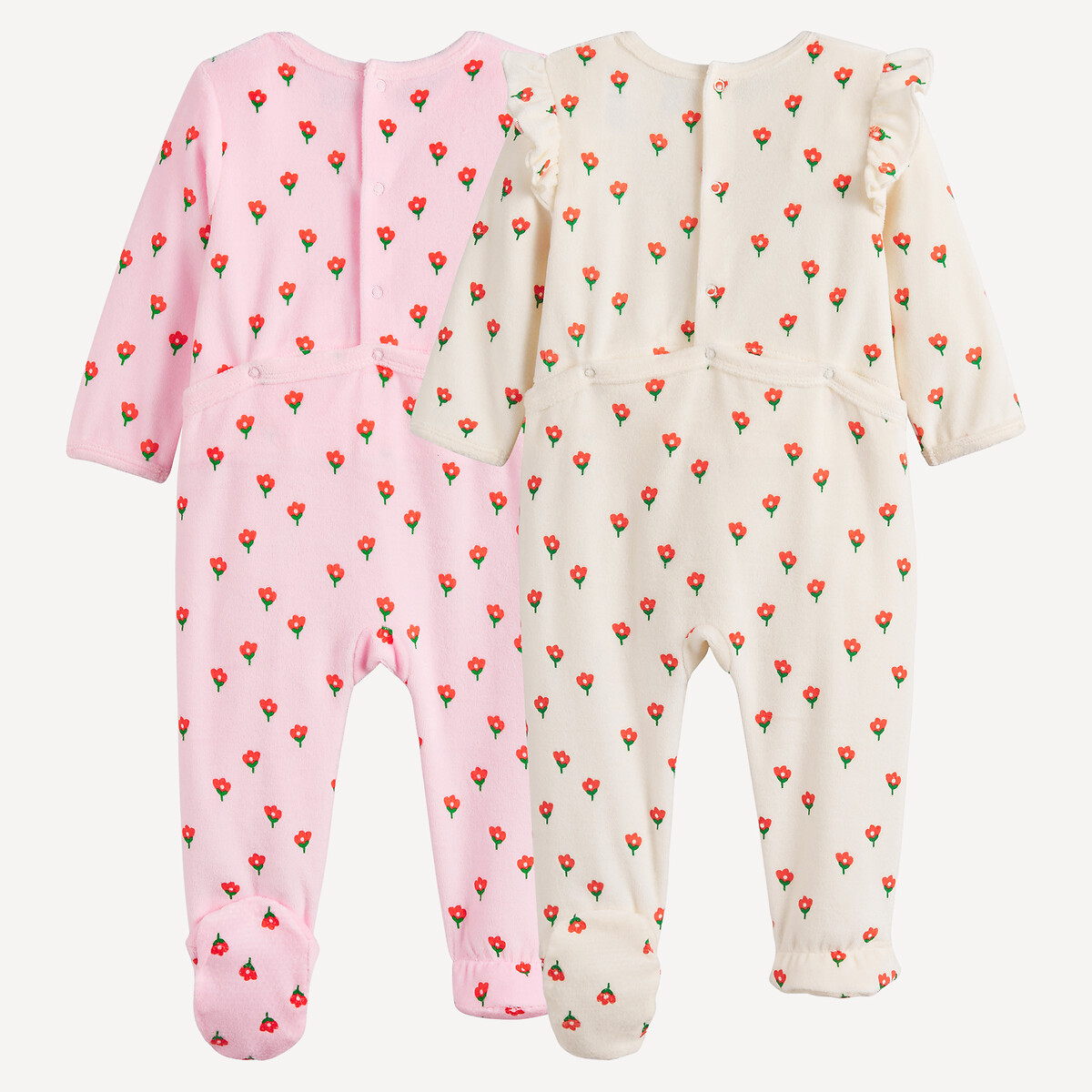 Lot de 2 pyjamas 1 pièce, en velours, imprimé fleurs rose + beige, LA REDOUTE COLLECTIONS