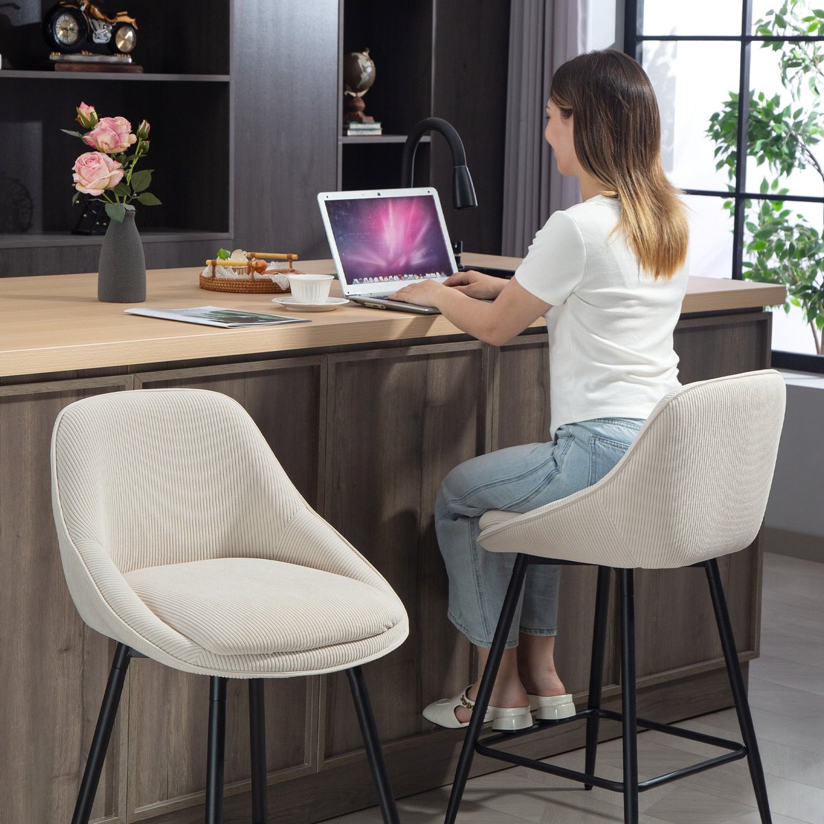 Tabouret de bar Velours côtelé Crème crème, HOMCOM