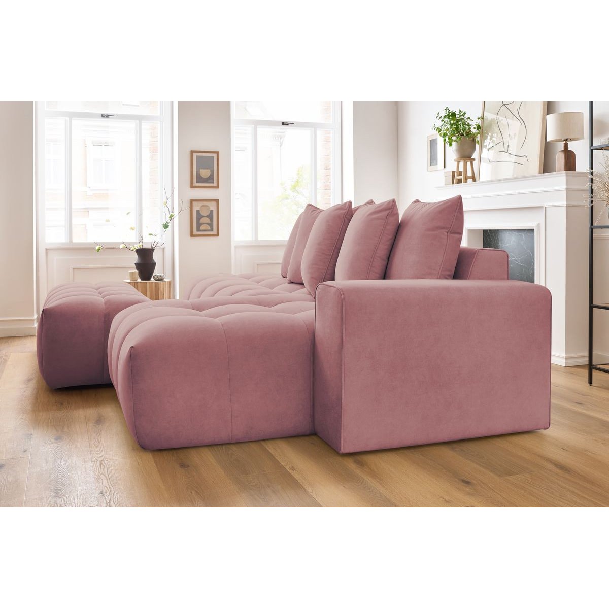 Canapé d'angle fixe 4 places en velours avec pouf, MONT-BLANC rose, BOBOCHIC