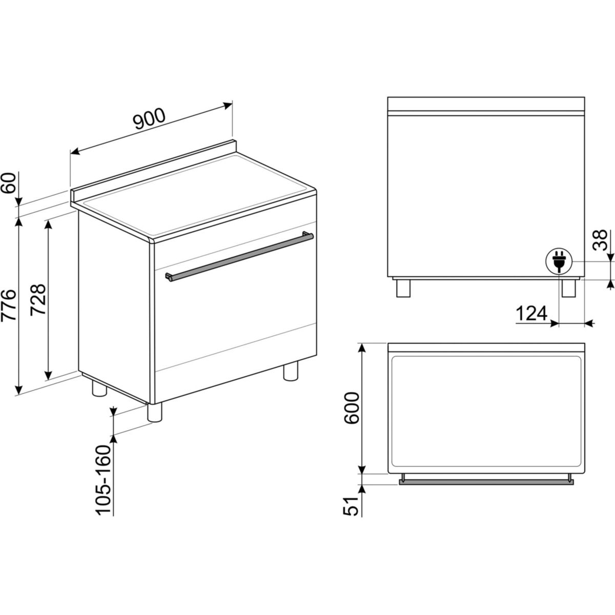 Piano de cuisson vitrocéramique 5 feux 90 cm inox satiné, SMEG