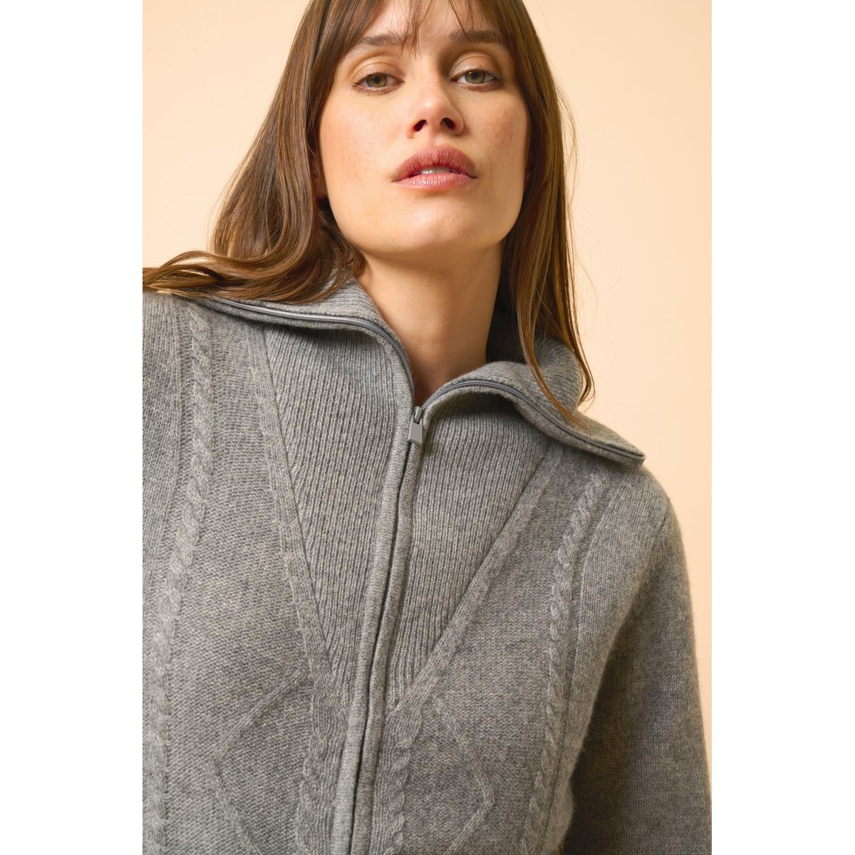 Gilet Zippé Col Camionneur 4 Fils Flanelle Chiné Talara gris chiné, JUST CASHMERE