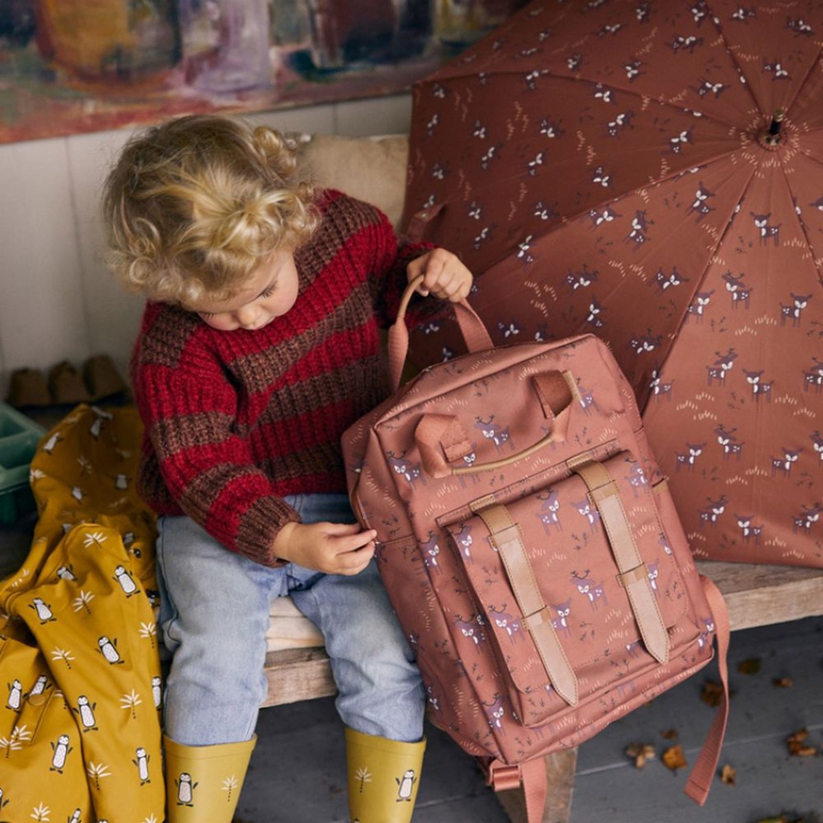 Sac à dos enfant ecru, marron, bleu, FRESK