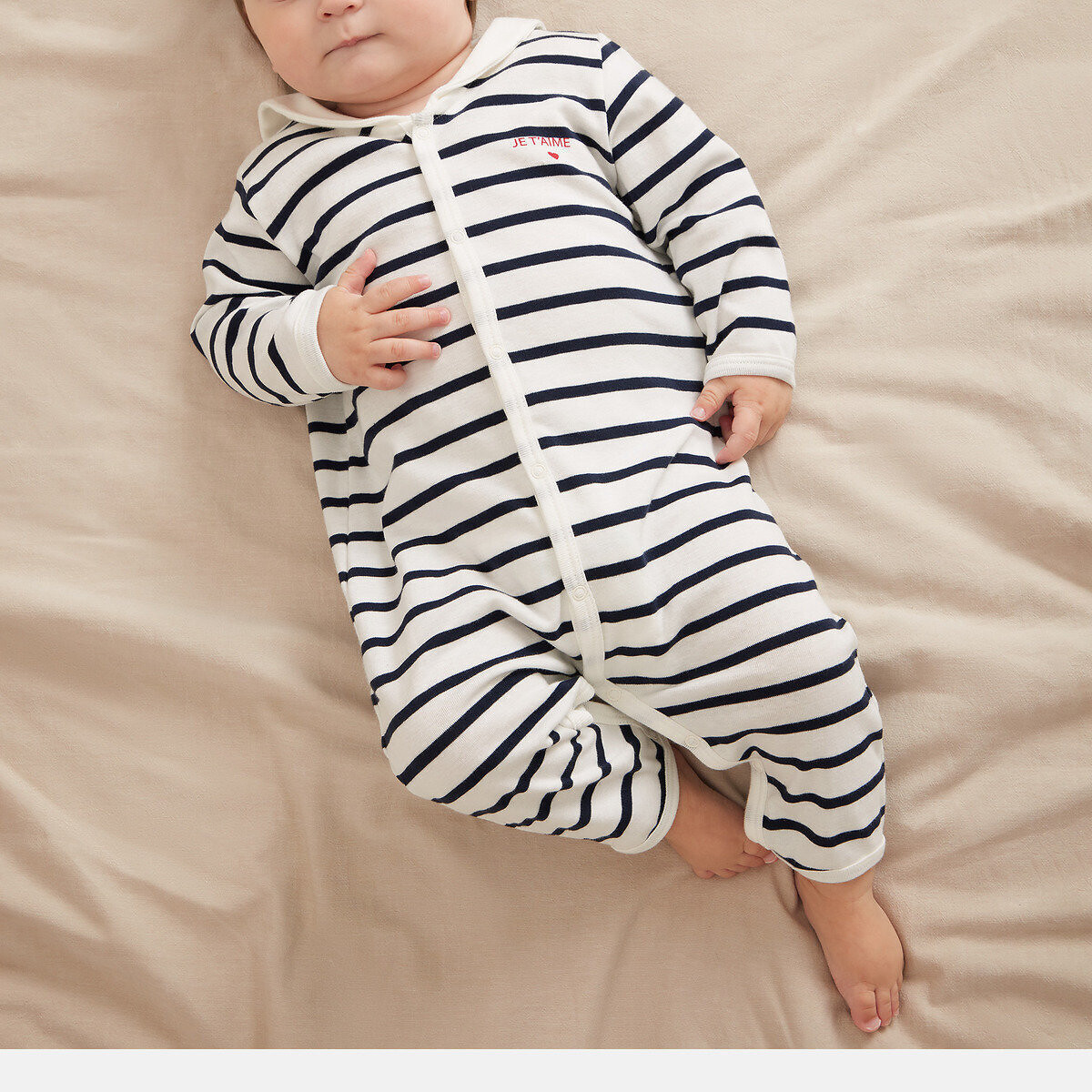 Pigiama in cotone, senza piedi, con stampa a righe rigato blu, PETIT BATEAU