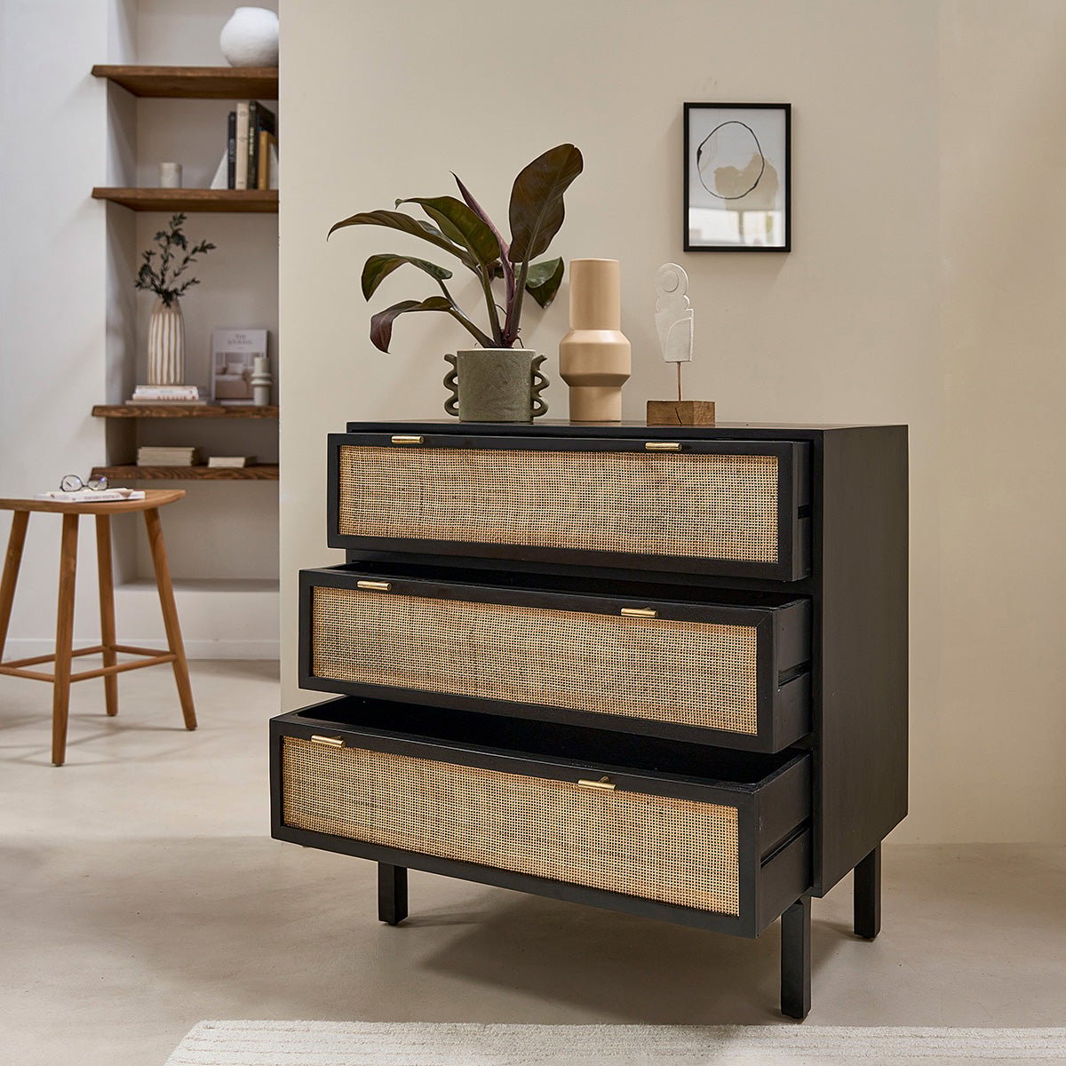 Commode en bois et cannage 90 cm 3 tiroirs BLAISE noir, BERAH GETAH
