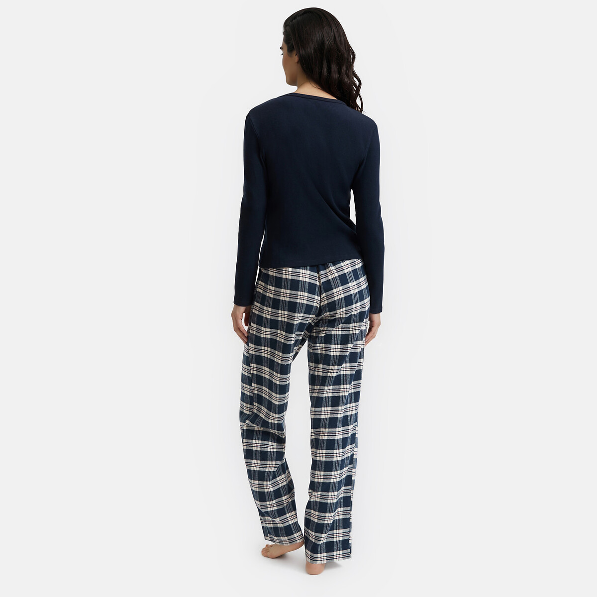 Pyjama 2 pièces, t-shirt en côte et pantalon en flanelle carreaux bleu, LA REDOUTE COLLECTIONS