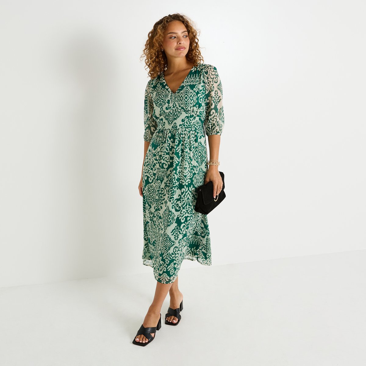 Robe longue imprimée col V vert, GRAIN DE MALICE